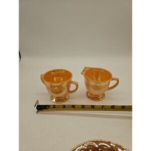 VINTAGE 2-PC FIRE KING LAUREL LEAF PEACH LUSTRE SUGAR BOWL & CREAMER SET